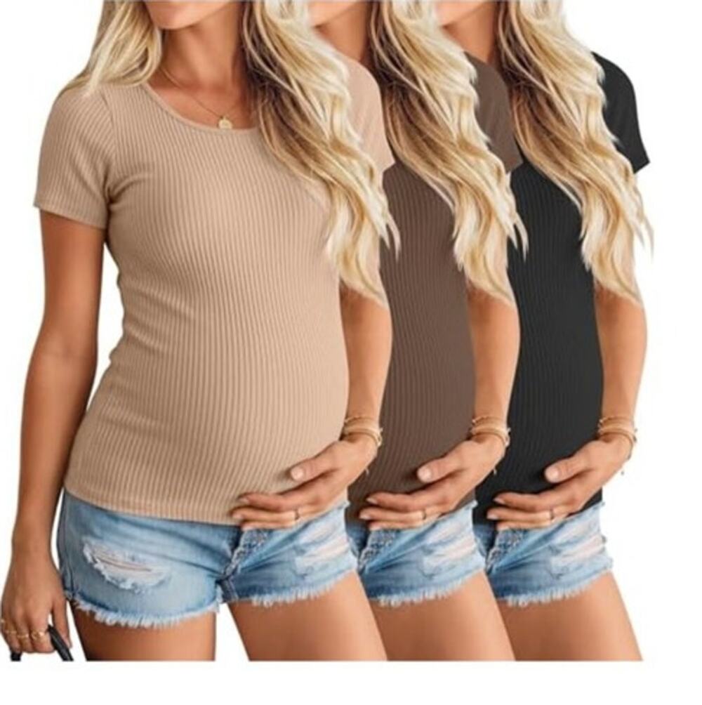 3 Pack Women's Ribbed Maternity Tops Short Sleeve, Ribbed Knit M